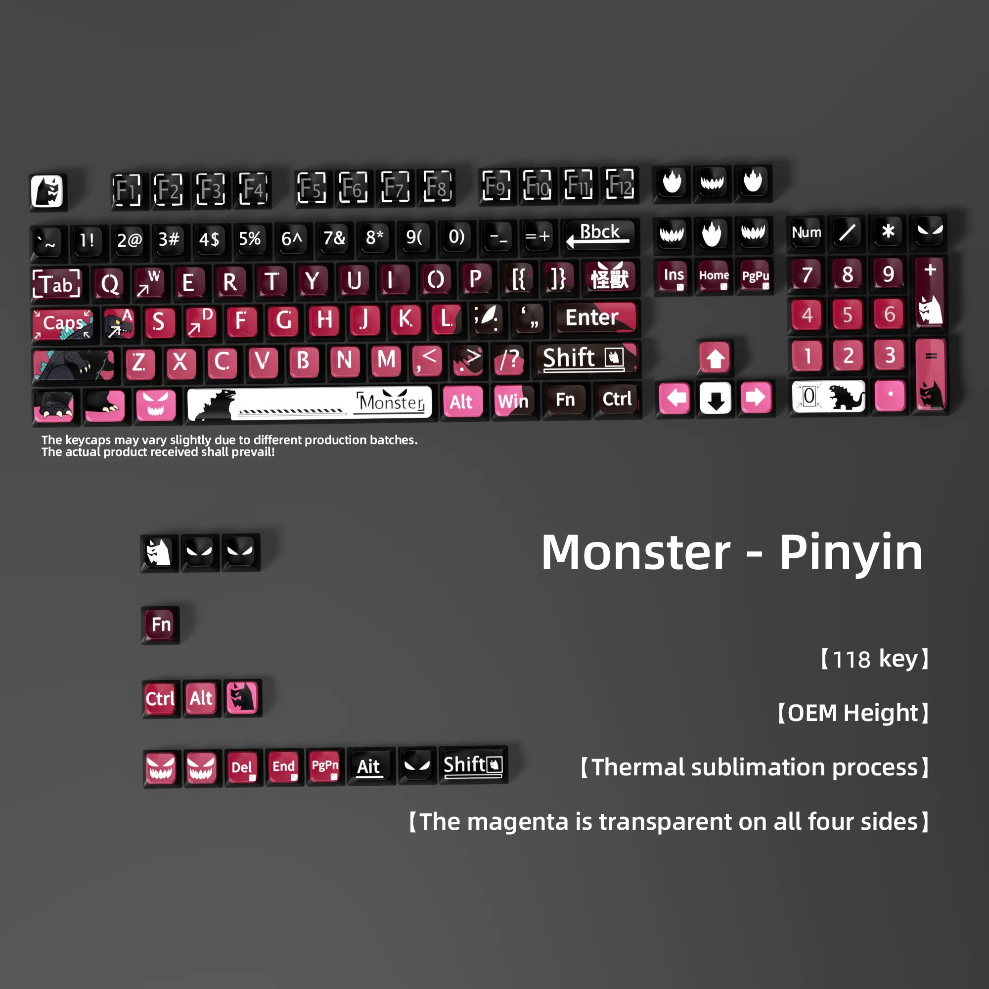 118-Key Monster Theme Keycap Set for Mechanical Keyboards, Magenta Four-Side Translucent Dye-Sub Keycaps