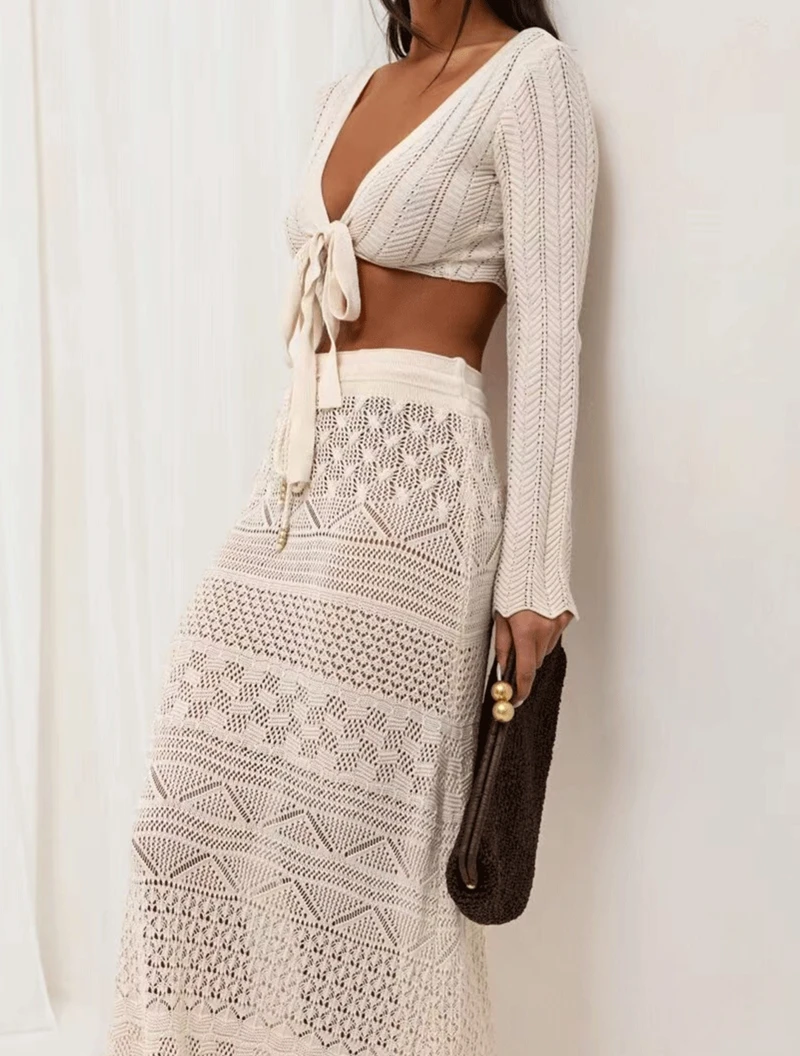 2-teiliges Langarm-Strickkleid für Strand, Damen, Häkel-Bikini-Vertuschung, sexy Schleife, Knoten, bauchfreies Top, hoher Taillenrock, Wickel-Badebekleidung für Damen