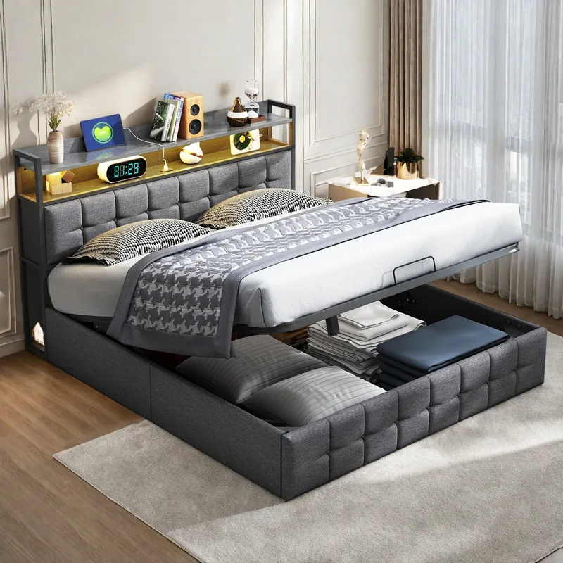 Cama doble con somier 140x190-Cama para adultos con tira de luces LED-Cabeceira tapizada con