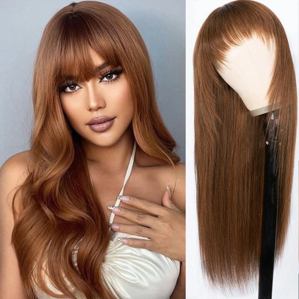 

Reddish Brown Bangs Wigs Human Hair Wig Easy QVR #30 Auburn Brown Straight Lace wig With Bangs Virgin Human Hair Wigs Full Machi