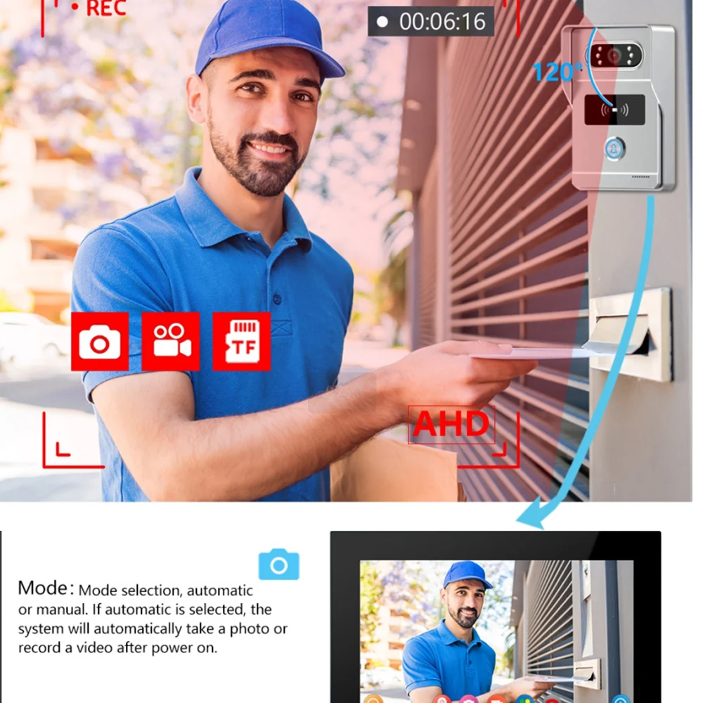 2.4G واي فاي جرس باب يتضمن شاشة عرض فيديو نظام Tuya1080P باب الهاتف كاميرا الباب 7 بوصة تعمل باللمس فيديو إنترفون دعم 32 جيجابايت بطاقة SD للمنزل