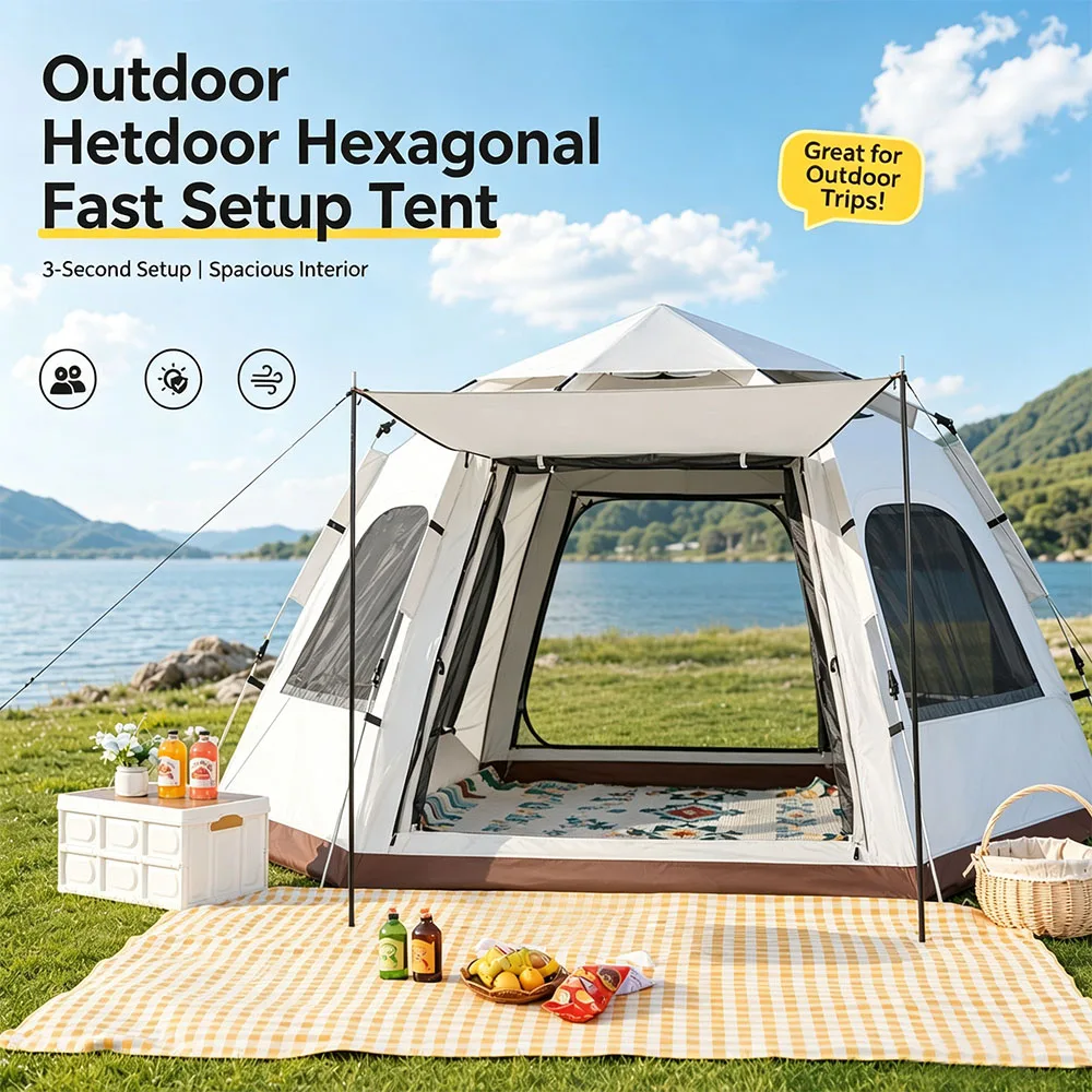 Automatisches sechseckiges Campingzelt, tragbarer, faltbarer Sonnenschutz, leichtes, regenbeständiges, schnell aufstellbares Zelt, Park-Picknick-Übernachtungszelt, Campingausrüstung