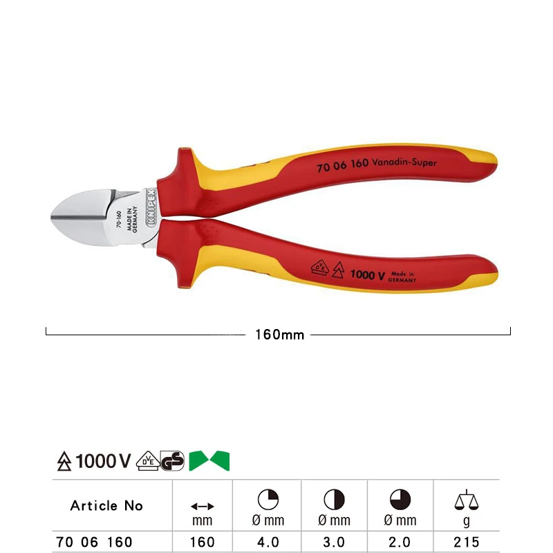 KNIPEX 1000V Insulated Diagonal Pliers for Soft and Hard Wire Insulating Electrician Side Cutter 160mm 7006160