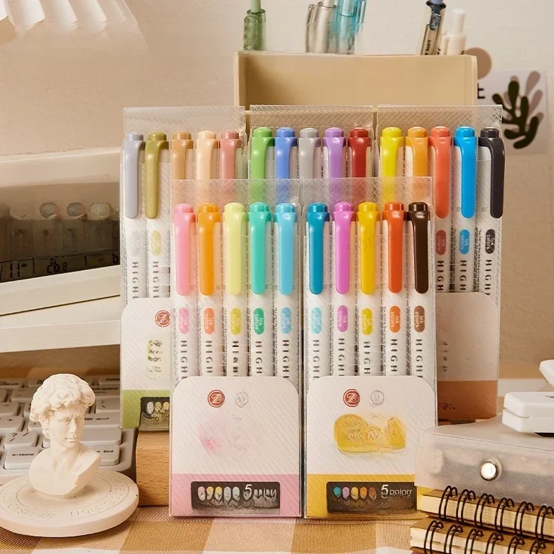 Ensemble de stylos surligneurs à Double tête, 5 couleurs/boîte, marqueurs de dessin fluorescents, surligneurs, stylos d'art japonais, papeterie Pastel mignonne