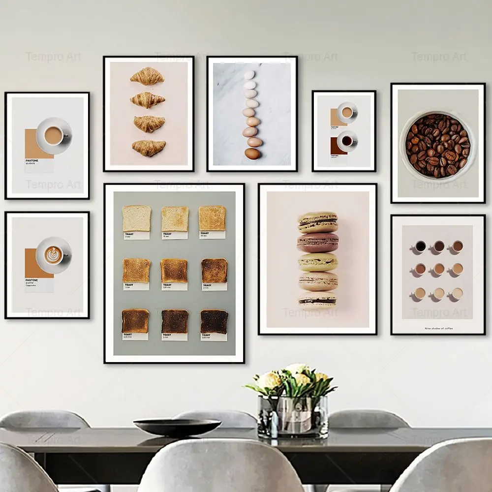 Coffee Bread Macaron Eggs Food Posters Prints Pantone Coffee Canvas Painting Wall Art Pictures Kitchen Cafe Shop Home Decoration