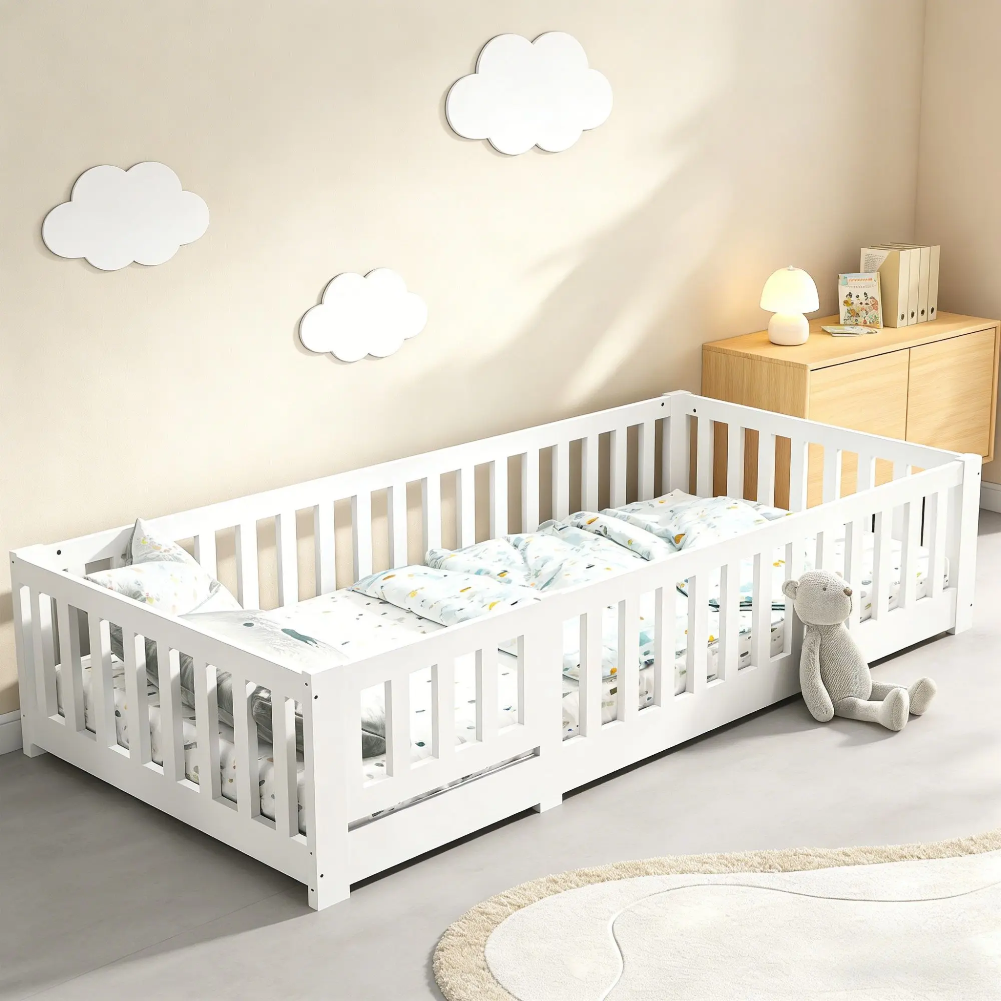 Lit d'enfant Lit au Sol 90x200 cm, Montessori Lit barrières pour Enfant avec Protection Contre Les Chutes & sommier à Lattes