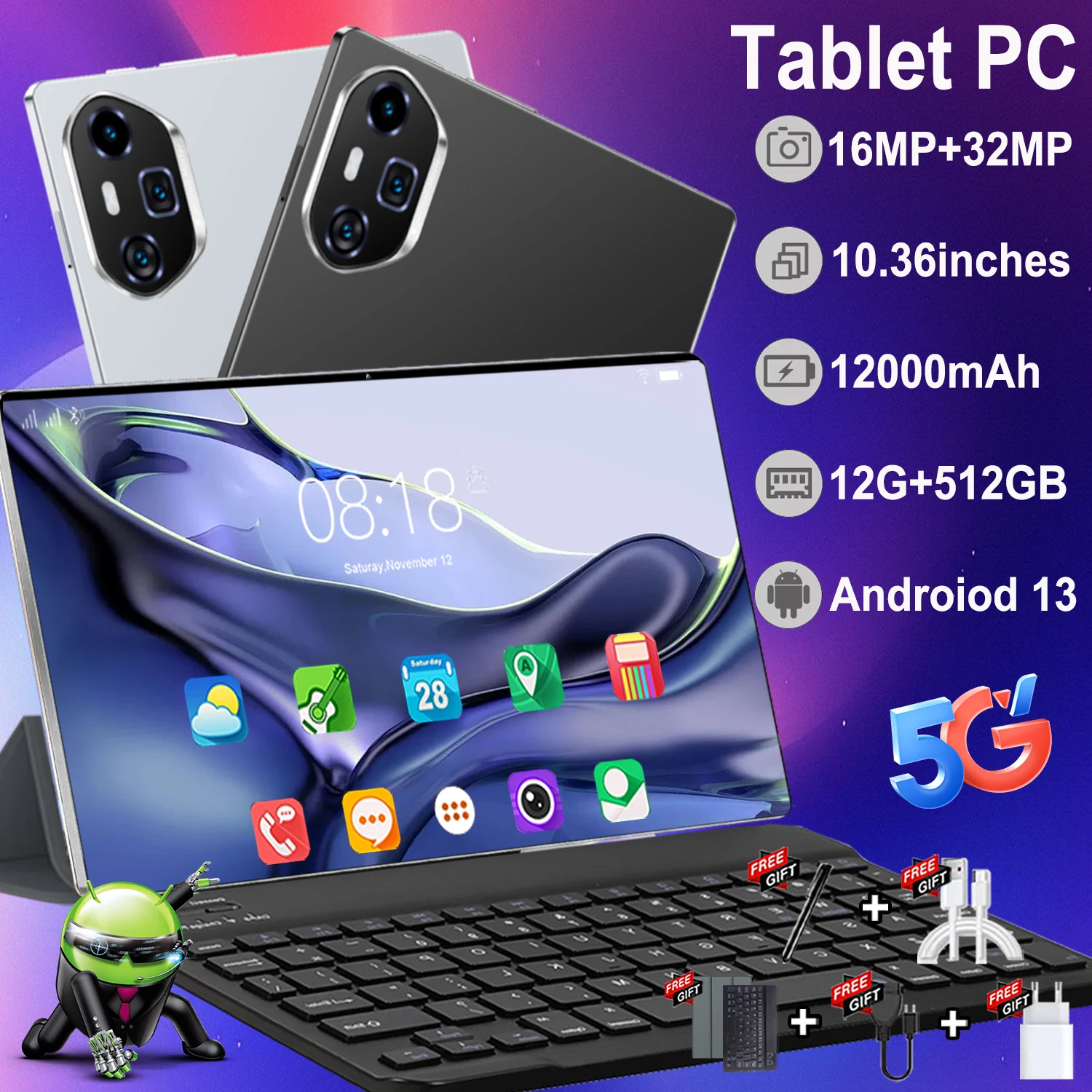 Tablet Portátil 2026 de 10.36 Pulgadas HD Android 13, CPU de 10 Núcleos, 12GB RAM, 512GB ROM, Batería de 12000mAh, 5G WIFI, Doble SIM, 16MP+32MP
