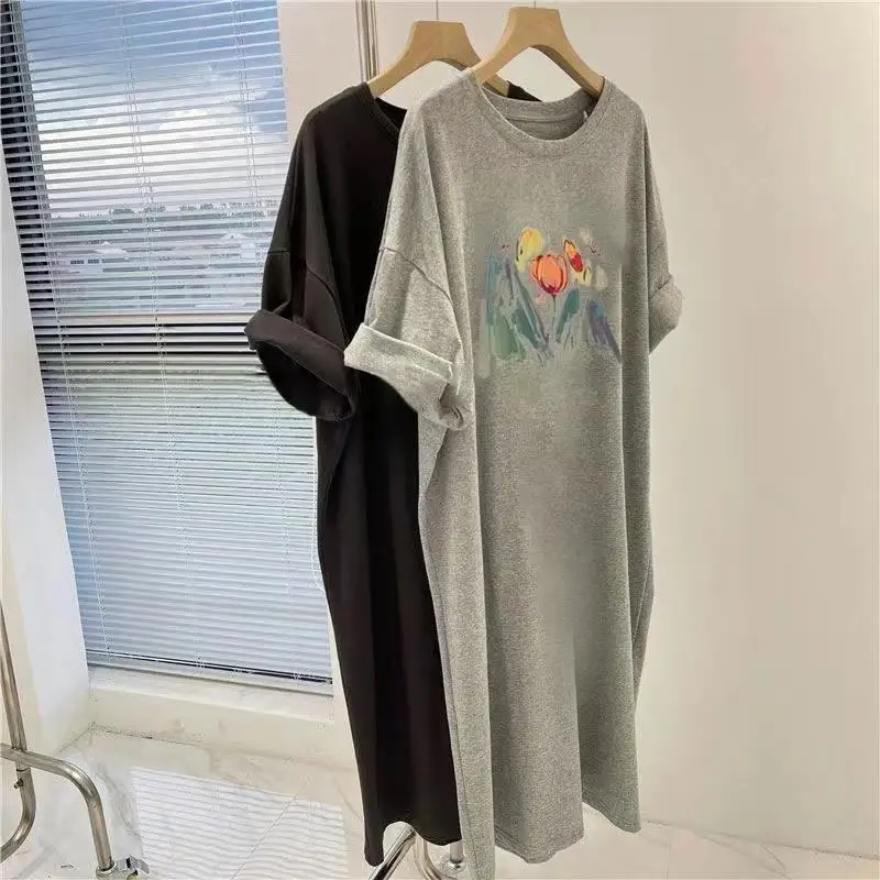 Oversized Summer Dress Women Short Sleeve O Neck Tulip Floral Printed Long T Shirt Loose Casual Vestidos Robes Homewear Dresses