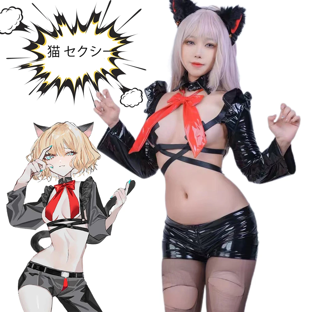 Cosplay kucing Anime SENMHS Set Lingerie kostum kulit PU penyihir Iblis vampir seperti kucing menggoda latihan seksi