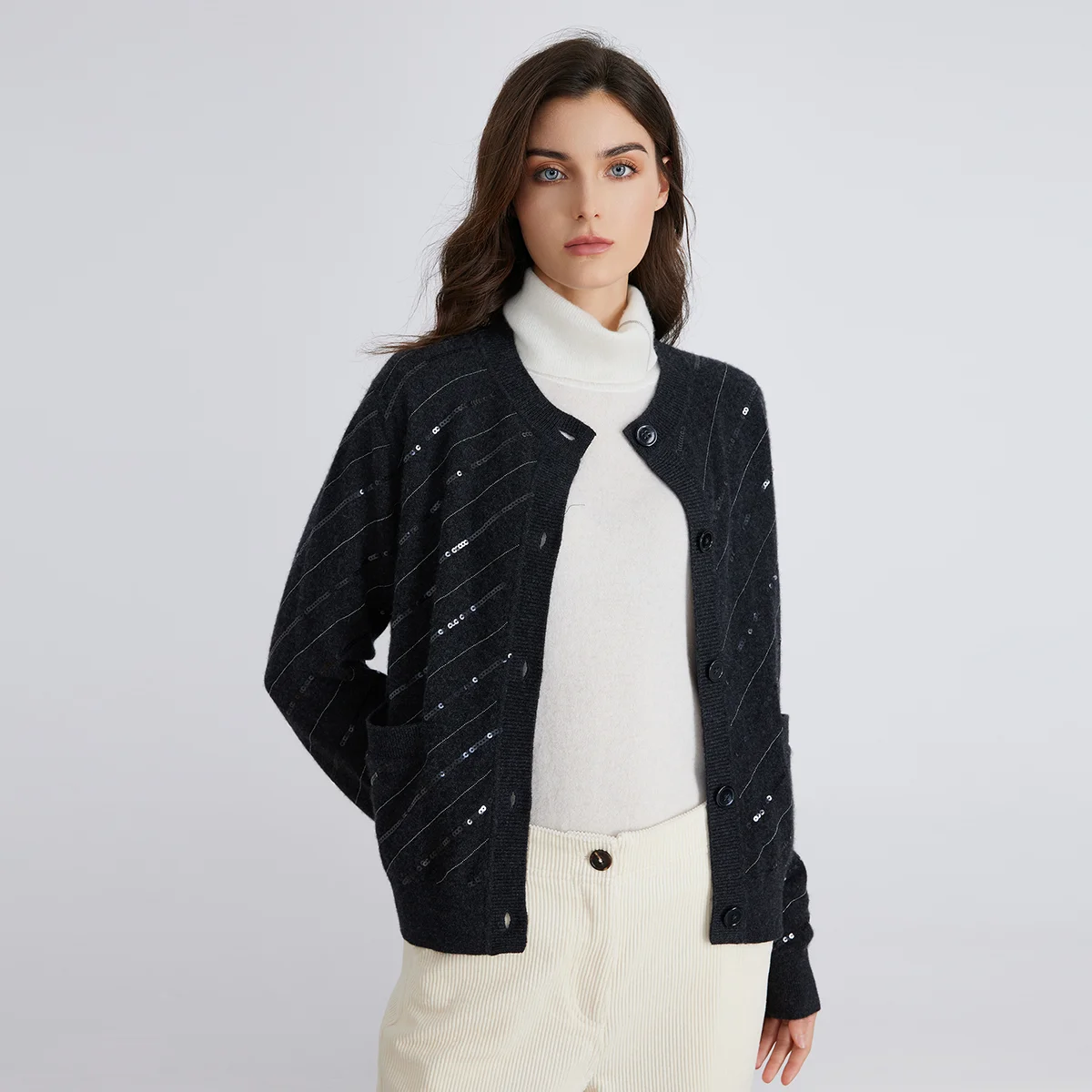 

BC881 Luxury 100% Cashmere Cardigan Women's Sequin Stripe Knit Sweater Round Neck High End Designer Soft Warm Jacket