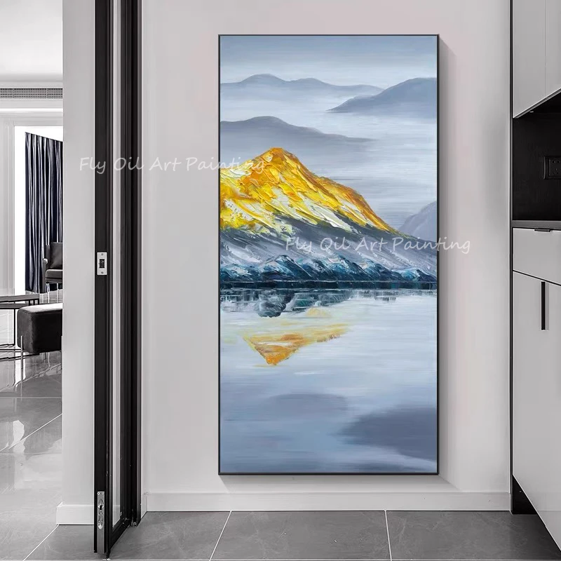 100% Hand Painted Big Size Modern Abstract gold foil mountain grey canvas thick lake Oil Painting On Canvas home decoration