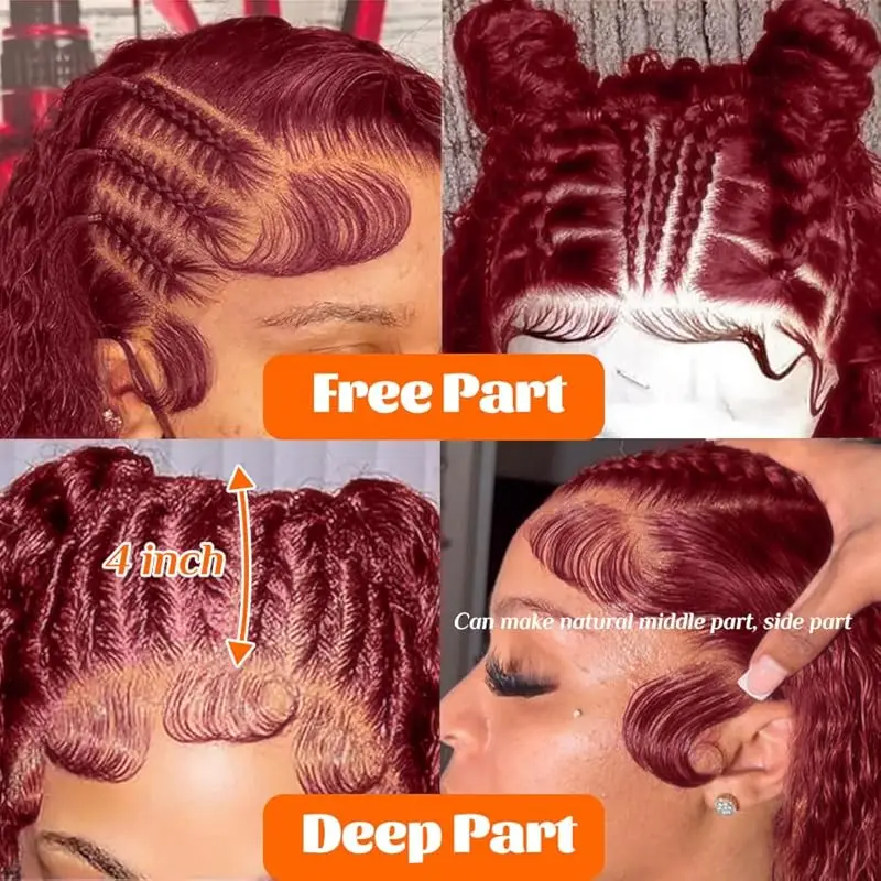 99j Burgundy Short Curly Bob Wig Human Hair 13x4 Lace Burgundy Lace Front Wigs Human Hair Pre Plucked 200% Density Red Deep Wave