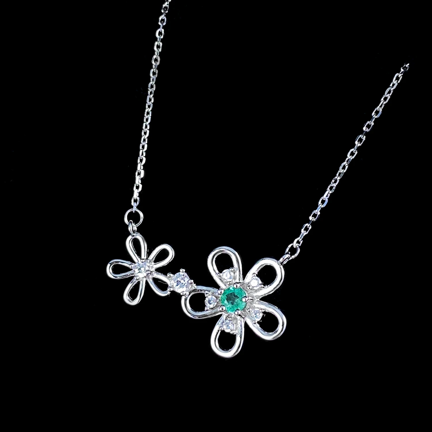 SILE Fashion Double Flower Charm Pendants Natural Emerald Gemstone Women Necklaces 925 sterling silver collares con colgante