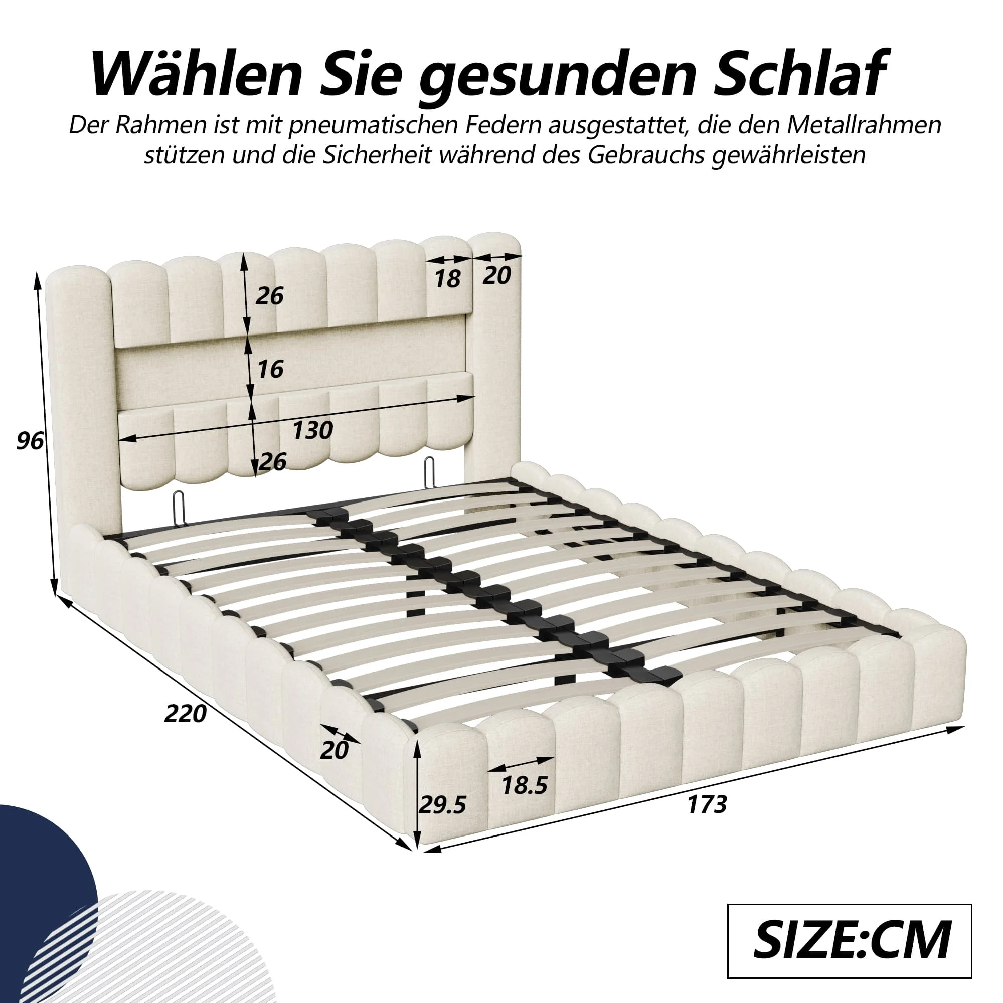 MGMYM bedframe 140/160/180 met hydraulische opbergruimte, bedhoofdeinde met LED en USB, Bubble design, linnen stof