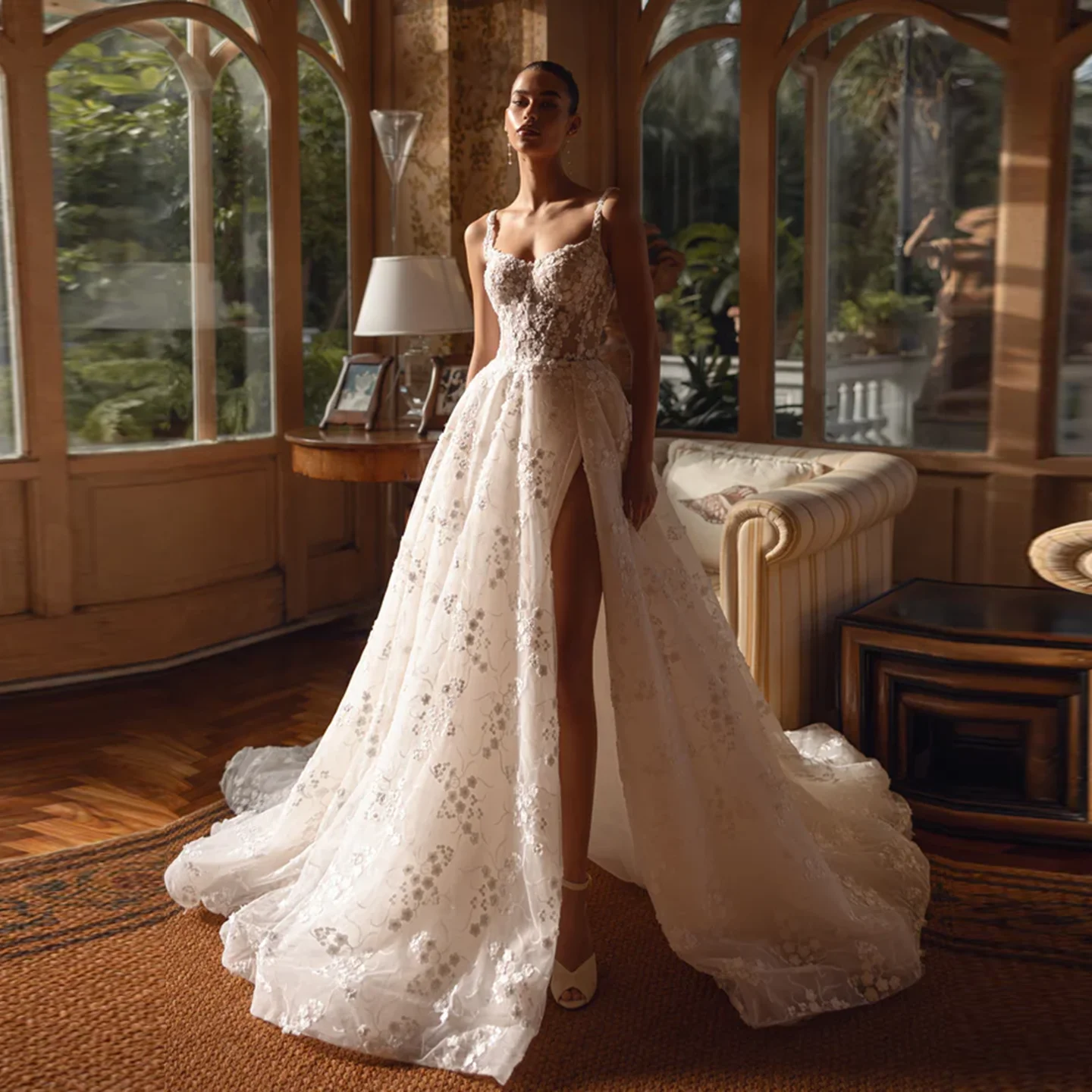 

Sharon Said 2025 Romantic Sweetheart Appliques A-Line Tulle Wedding Dress Side Slit Court Train Bridal Gowns SW363 Customized