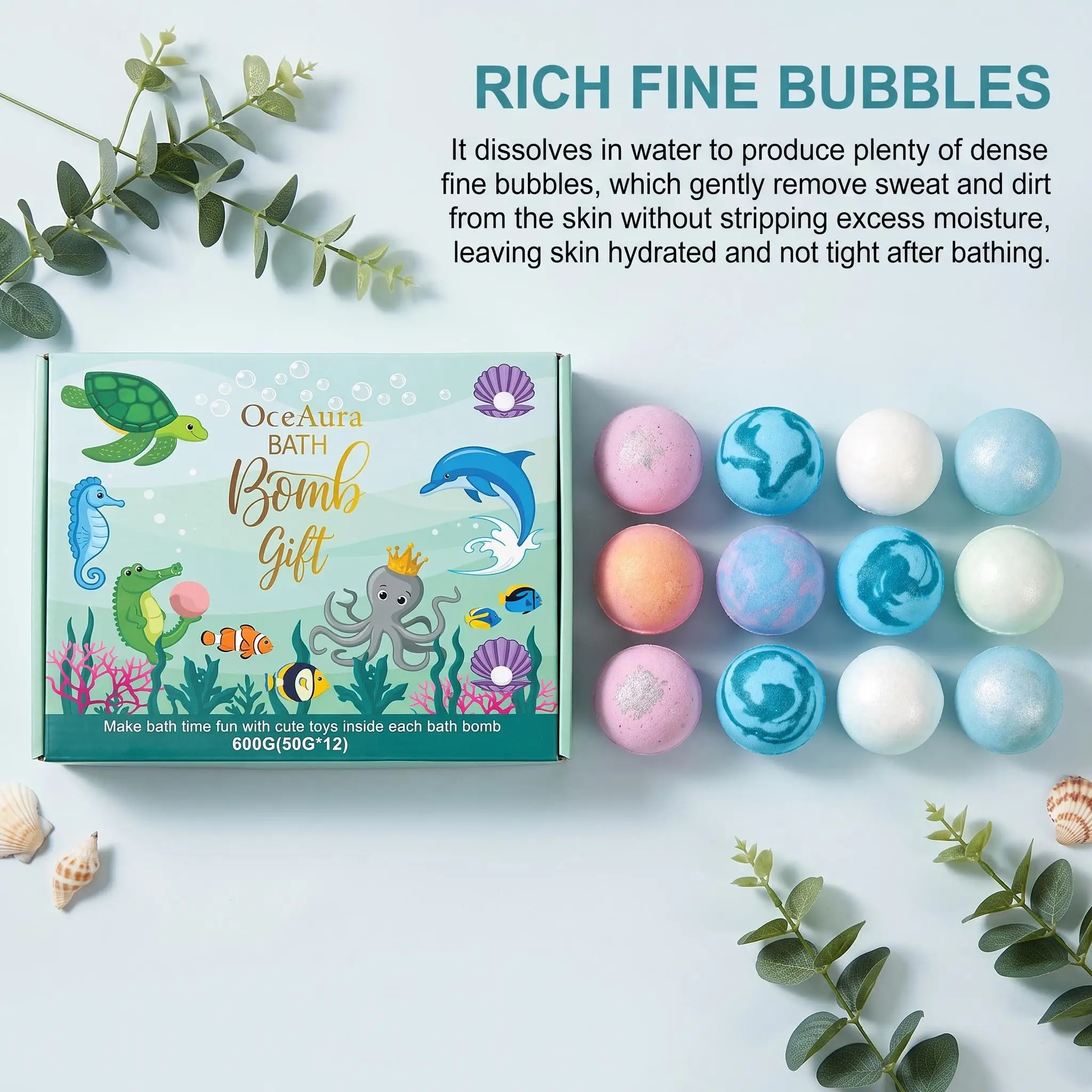 OceAura Ocean Multicolor Bath Fizzies Set Fizzies Surprise Hidden Toy Organic Safe Bubble Fun Bathtime Daily Moisturizing Cleansing Bath Fizzies