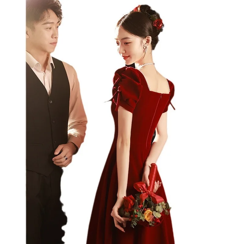 Toast dress bride new summer wine red engagement dress can be worn at ordinary times high-grade French style slim women