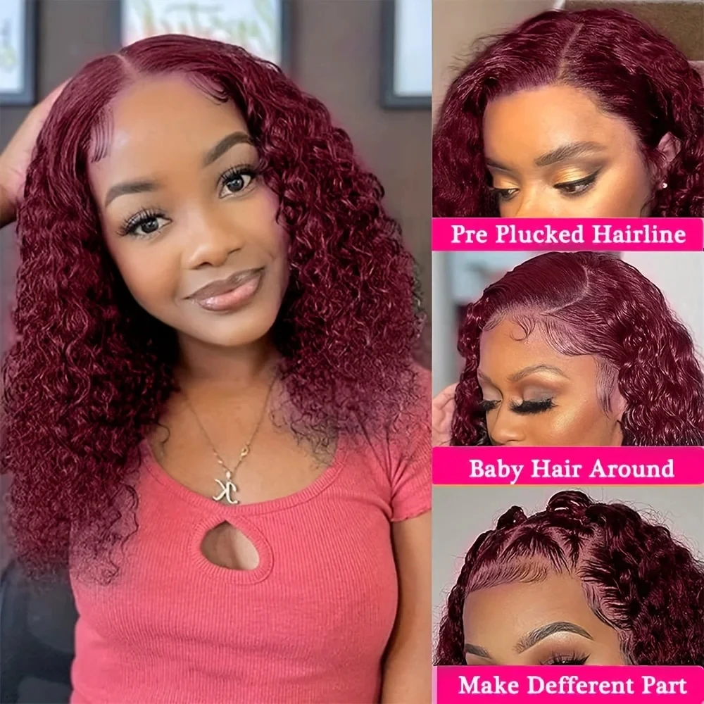 99J Colored Curly Human Hair Bob Deep Water Wave Lace Front Wig Burgundy Red Remy Short Cut Bob Lace Frontal Wig Preplucked Wigs