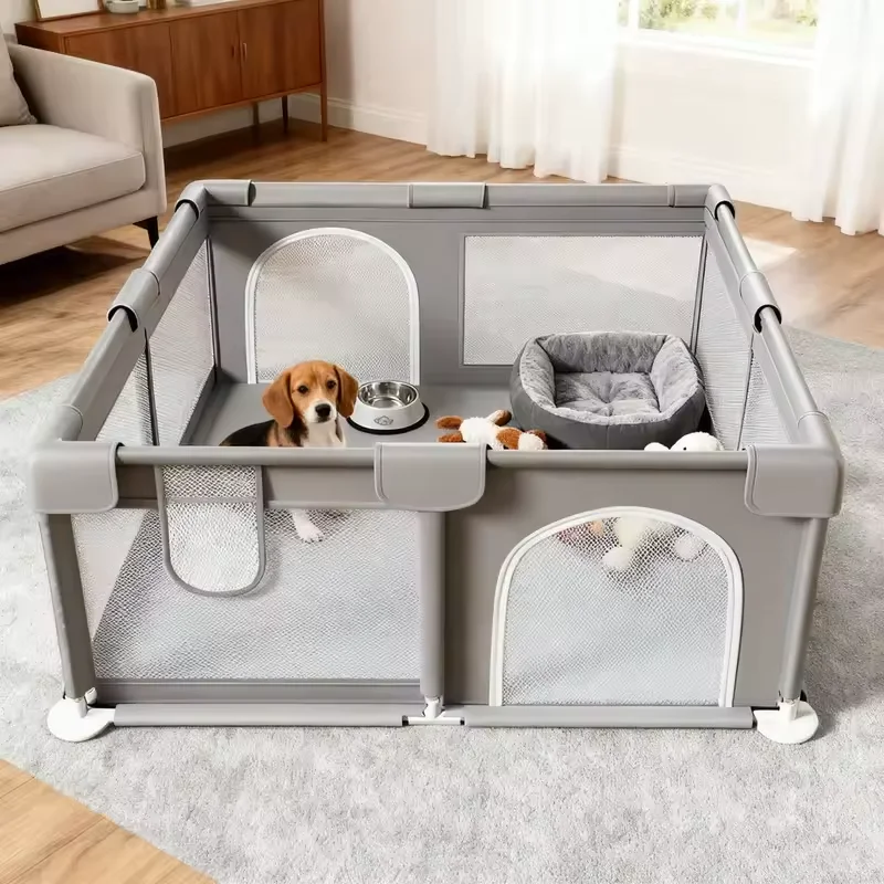 120x120cm Puppy Playpen with Gate, Dog Playpen for Puppies or Small Dogs, Sturdy Safety Dog Fence Pet Playpen with Thickened Fabric, High-Strength Nylon Wire Mesh for Indoor & Outdoor,Washable