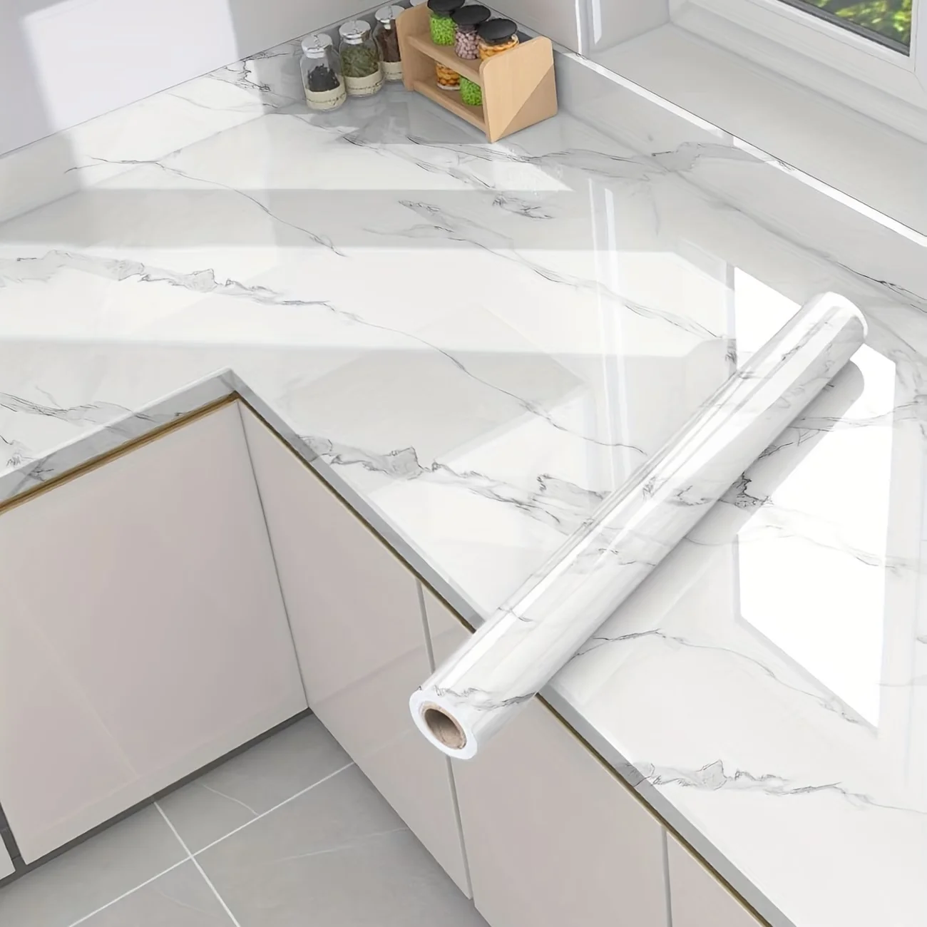 White Marble-Pattern Self-Adhesive Wallpaper Waterproof And Oil-Proof Suitable For Kitchen Countertop Wall And Feature Wall.
