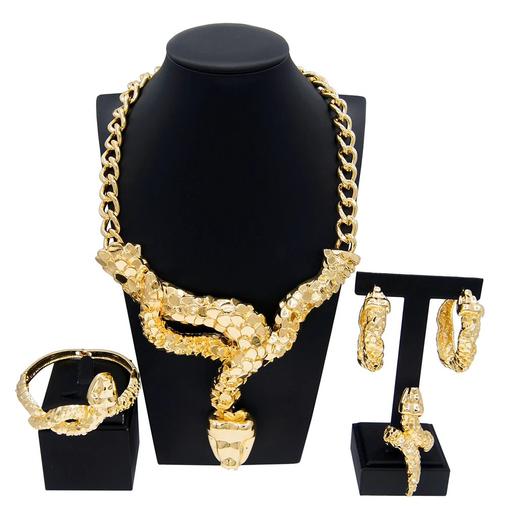 Women Necklace Jewelry Set Gold Plated Snake Pendant Pierced Big Earring Ring Party Banquet Jewelry Free Shipping