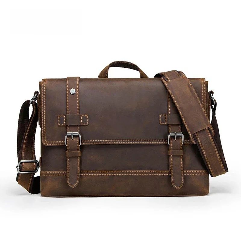 CONTACT'S crazy horse męska torba ze skóry naturalnej vintage man shoulder bags for laptop messenger bags male bolsa — zdjęcie 2