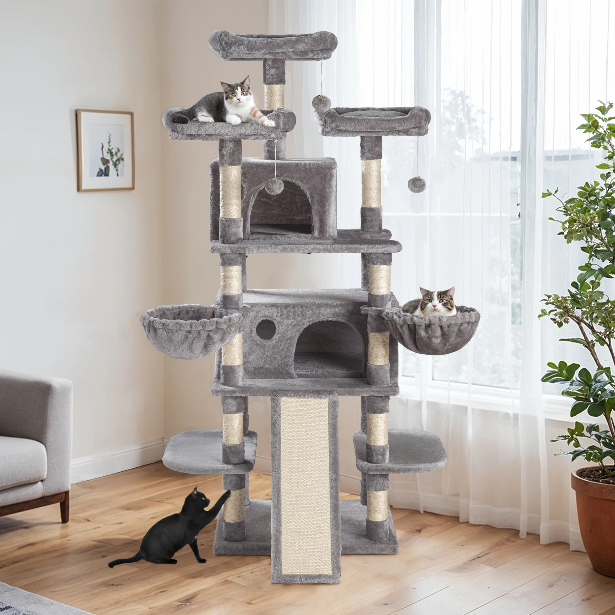 68-Inch Multi-Level Cat Tree Tower for Large Cats/Cat Condo/Cozy Plush Cat Perches/Sisal Scratching Posts/Baskets