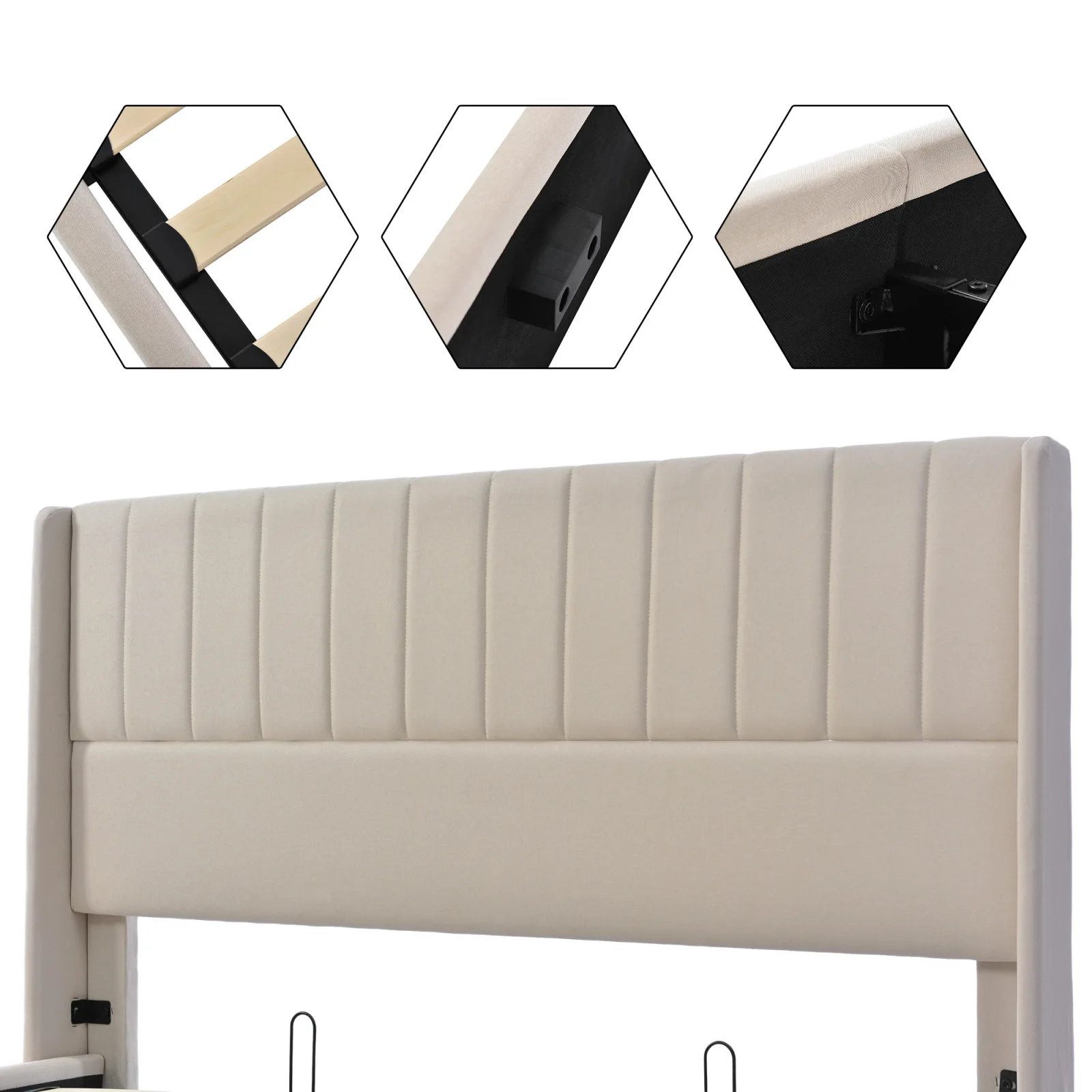 Letto contenitore idraulico 160×200 cm, letto imbottito con contenitore, letto a molle, letto matrimoniale, letto per ragazzi, struttura letto con rete a doghe, tessuto di lino, senza materasso, beige