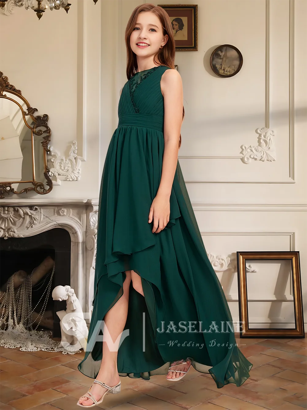 Dark Green Elegant A-Line Scoop Asymmetrical Chiffon Lace Junior Bridesmaid Dress Flower Girl Dress Girls Party Wedding Formal