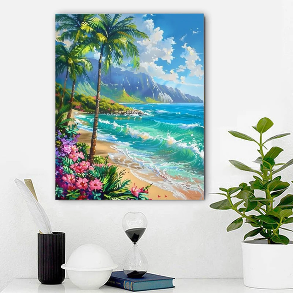 Painting By Number Coconut trees by the sea DIY HandPainted Acrylic Painting Canvas Colouring Unique Gift Home Decorate