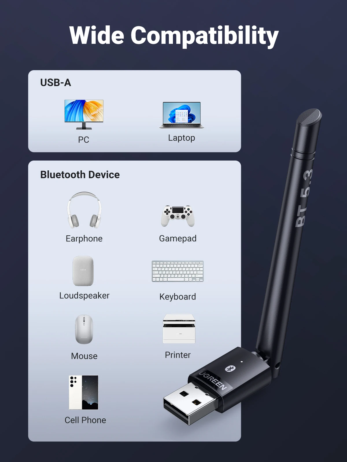 UGREEN PC 스피커용 USB 블루투스 5.3 어댑터, 무선 마우스 키보드 음악 오디오 리시버 송신기, 블루투스 동글