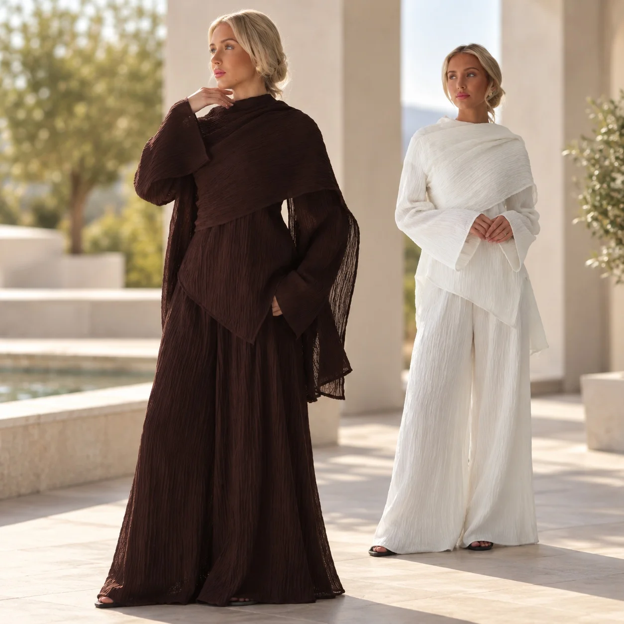 Round Neck Long Skirt Set Maxi Length Elegant Commuter with High Temperature Setting Process Long Sleeve Flared Summer for Women