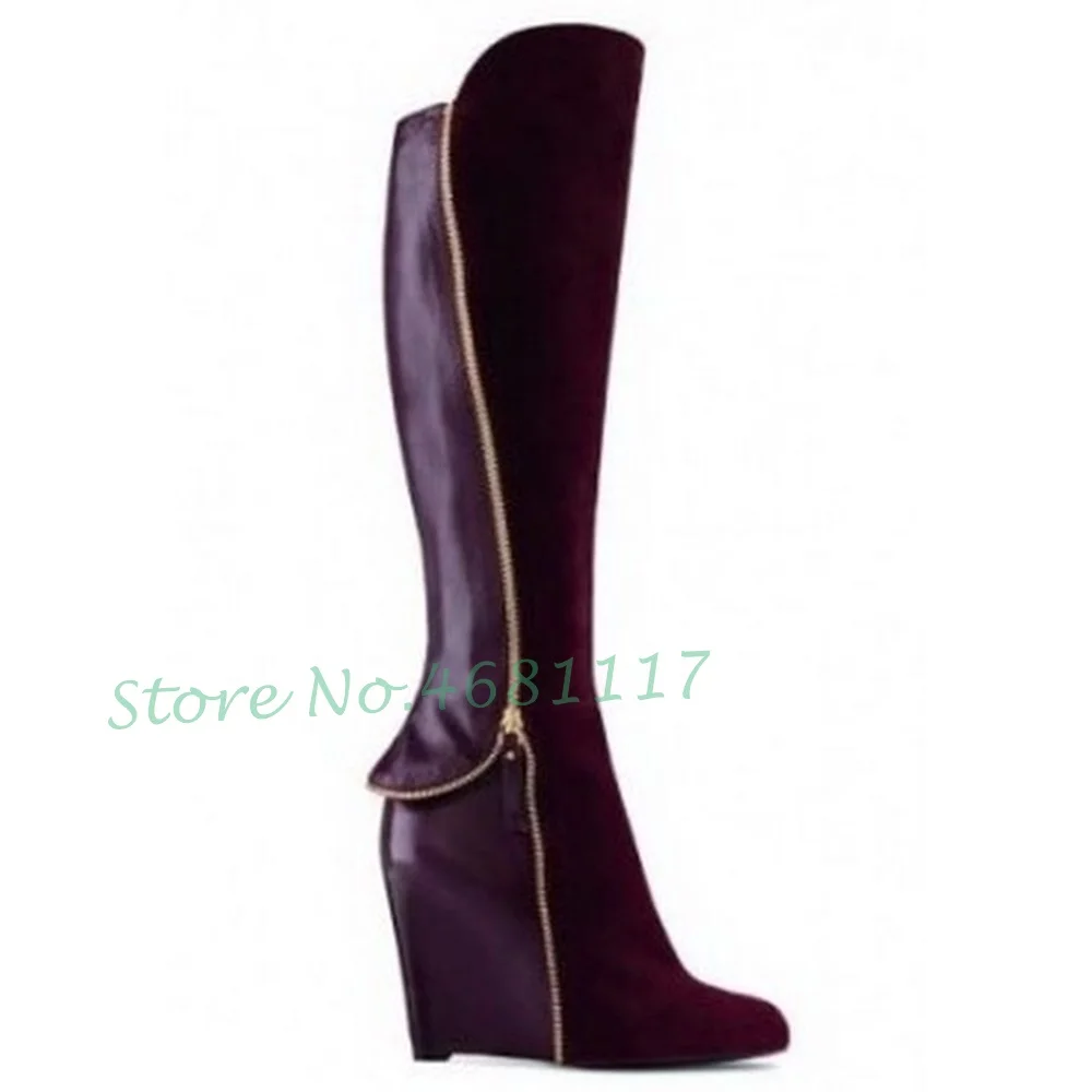 Patchwork Zipper Wedges Brown Boots Women Metal Decor Trend High Heels Long Boots Solid Large Size Shoes Women Knee High Boots