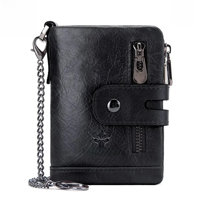 HUMERPAUL100% prawdziwy portfel ze skóry bydlęcej dla mężczyzn krótka portmonetka RFID etui na karty podwójny zamek błyskawiczny Bifold kieszonka na monety — zdjęcie 2