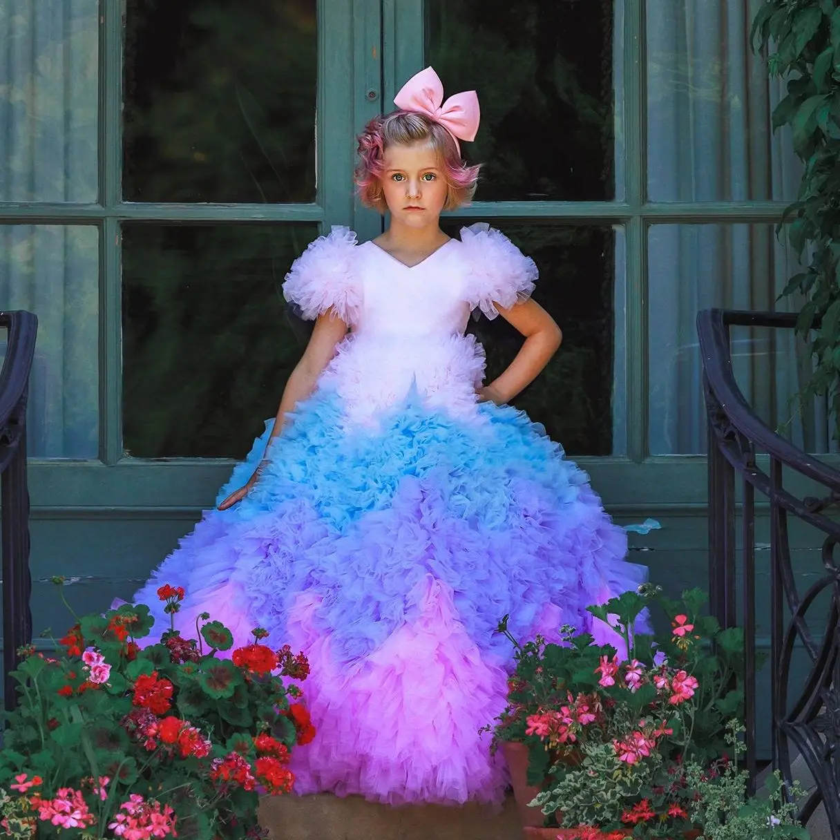 

Ombre Tulle Flower Girl Dresses For Photoshoot Ball Gown Litter Kids Pageant Gown Birthday Party Wedding First Communion Dress