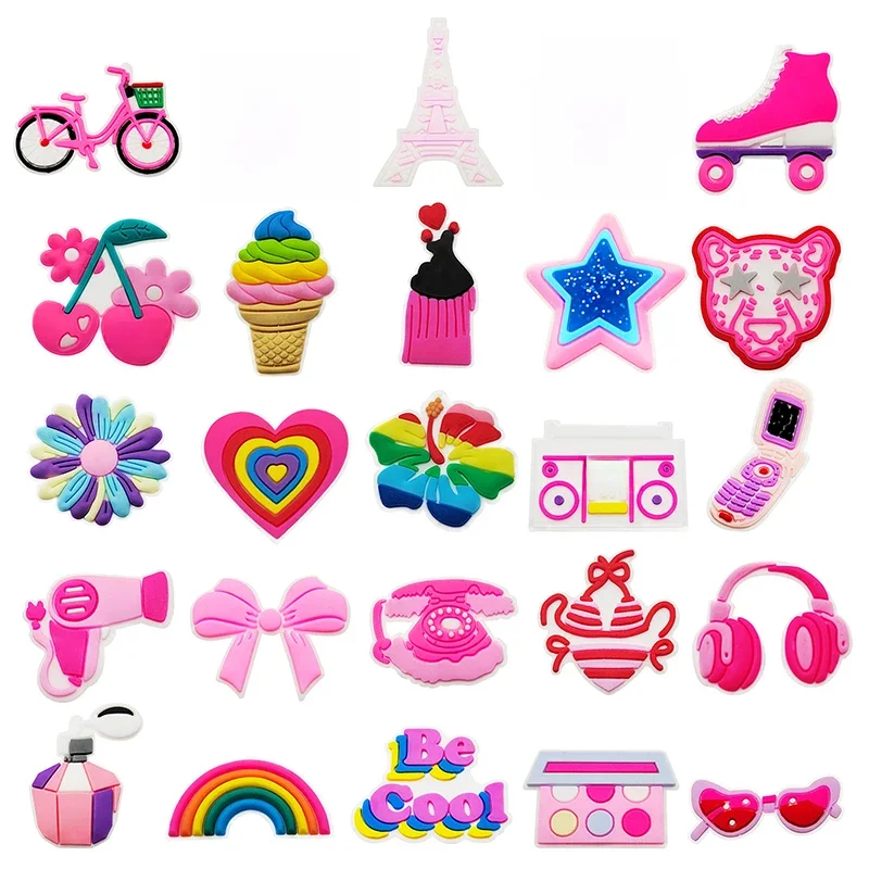 Breloques de chaussures arc-en-ciel pour vélo, nœud rose mignon, accessoires de crocs, sabots, toboggans à bulles, décoration de bricolage, cadeau de fête