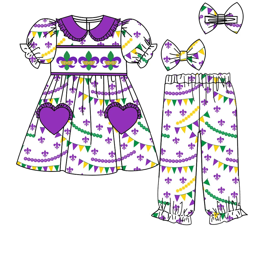 Conjunto de manga corta con bolsillo de amor y estampado lindo morado de Mardi Gras, pijamas familiares de seda de leche para hermanos