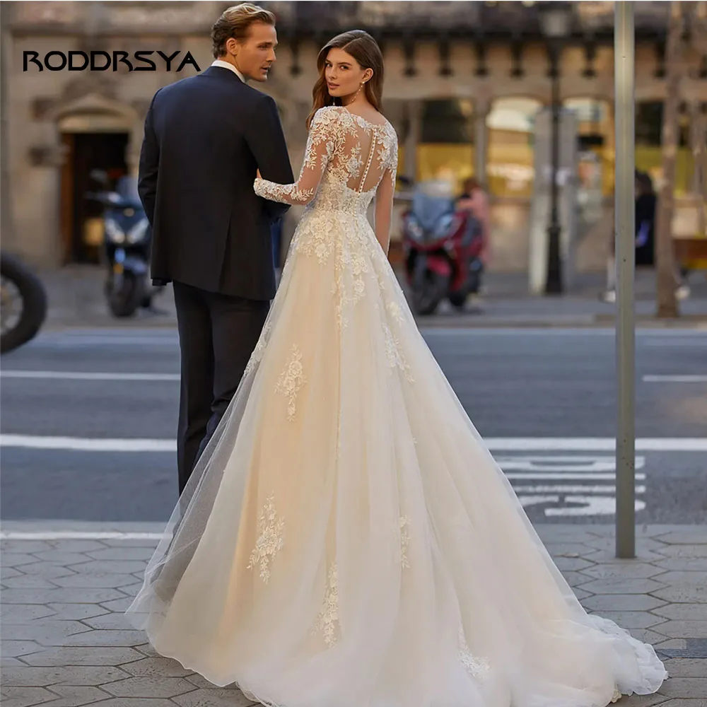 RODDRSYA Luxury A Line V Neck Wedding Dresses For Women 2023 Long Sleeves Bridal Gowns Appliques Button Back Vestido De Novia