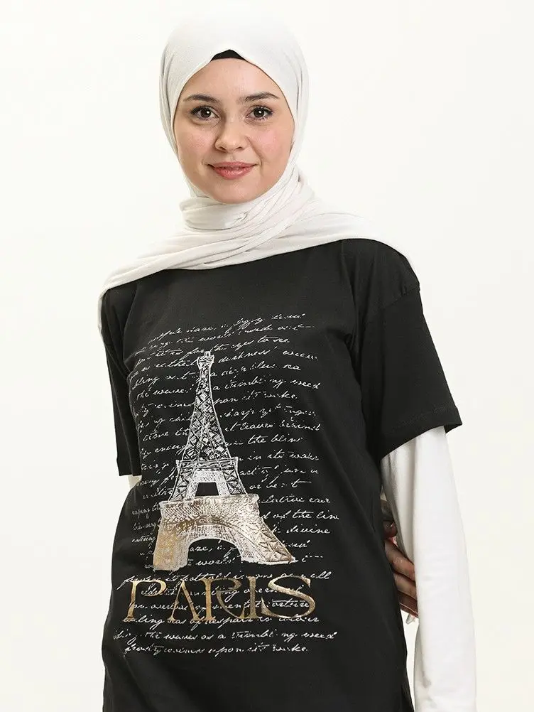 Paris Printed Tshirt Plain Long Sleeve Cotton Sweatshirt Zero Collar Summer Muslim Women Top Seasonal  Sweatproof