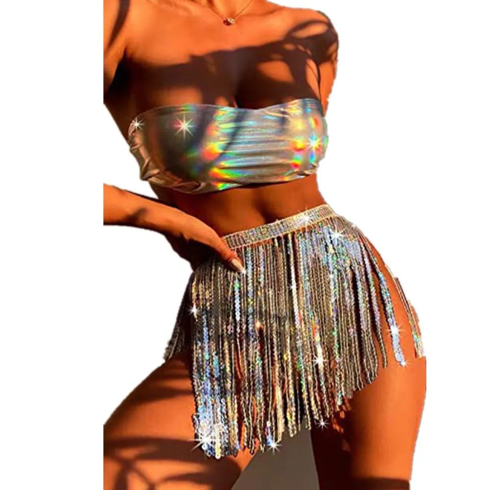 

Holographic Club Women 3 Piece Set Sequins Fringe Skirt Sexy Panties Strapless Tube Tops Music Festival Rave Beach Party Outfit