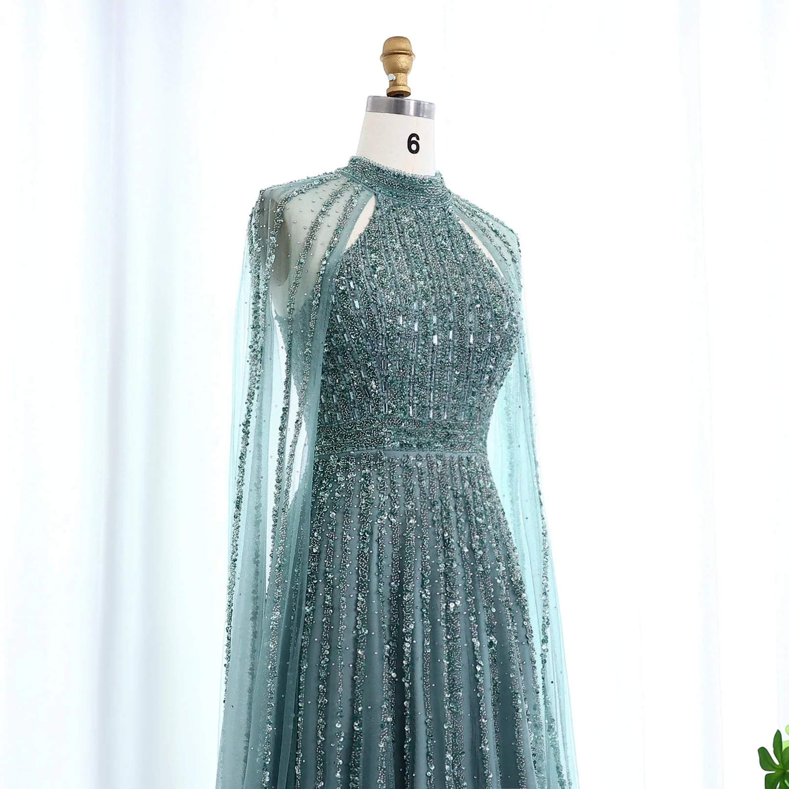 Sharon Said Arabisches Türkisfarbenes Luxus-Abendkleid aus Dubai mit Cape-Ärmeln 2026 Karamell für Damen Hochzeitsfeier SS085 Maßanfertigung – Detail 8