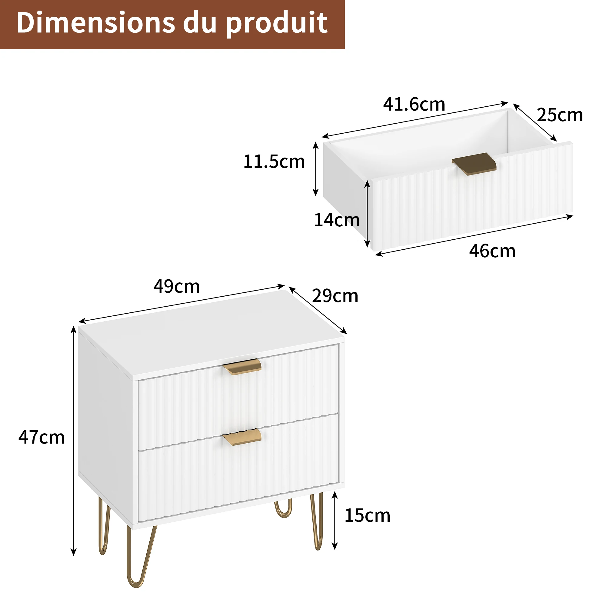 كومانلاي 2 قطعة طاولة بجانب السرير مع درجين، خزانة منضدة بأقدام معدنية، خزانة ذات أدراج لغرفة المعيشة، 49 × 29 × 47 سم #2
