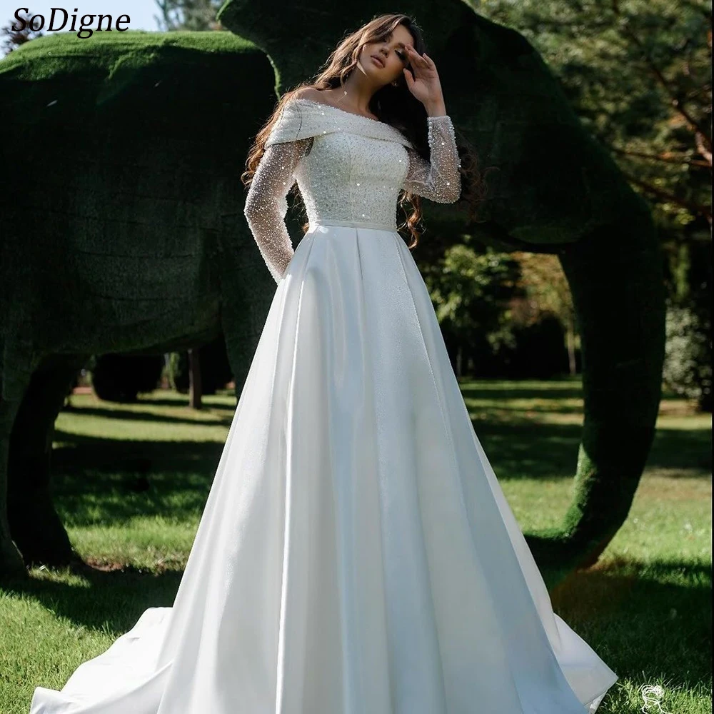 

SoDigne A-line Satin Glitter Wedding Dresses Off Shoulder Long Sleeves Bride Gown Sequins Bridal Dress vestidos de novia