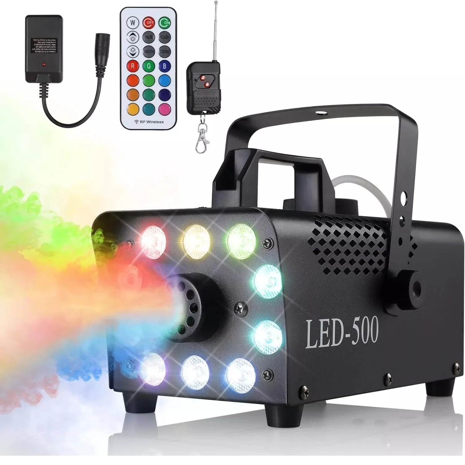 

Smoke Machine, Fog Machine with 10 Colorful LED Lights Effect, 500W and 2000CFM Fog with 1 Wired Receiver and 2 Wireless Remote