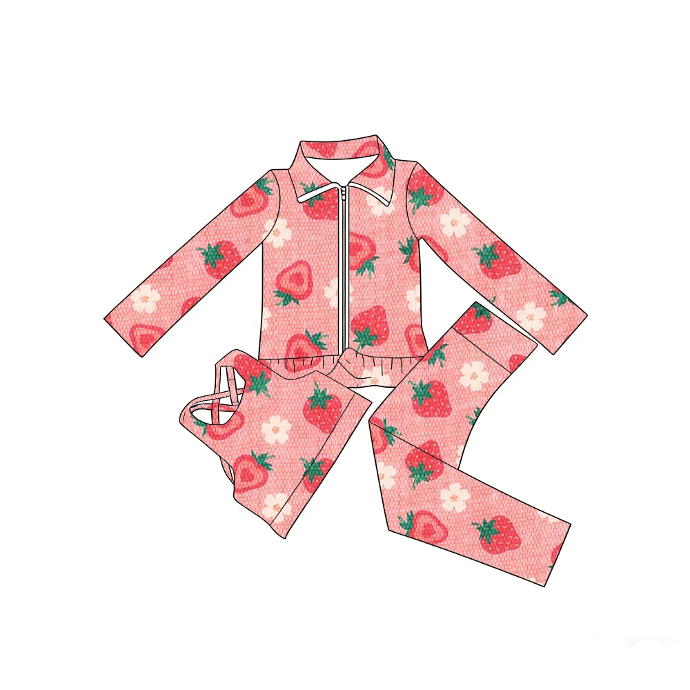 Boutique kid's sets including long-sleeved zip-up jackets trousers vests three-piece girls sets Strawberry bow flower print