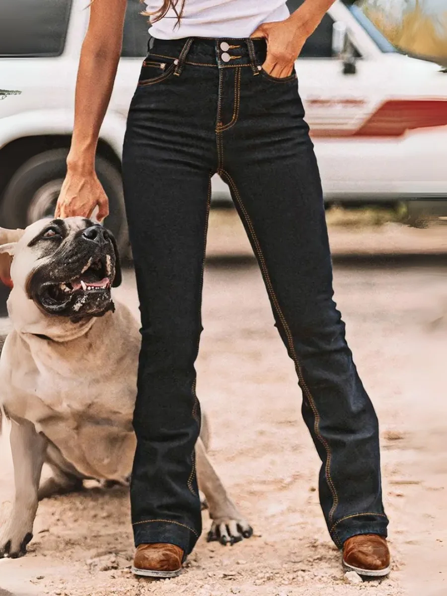 

【HME】Женские эластичные черные джинсы приталенного кроя — расклешенные джинсы со средней посадкой, мягкие и машинная стирка, винтажный повседневный стиль,