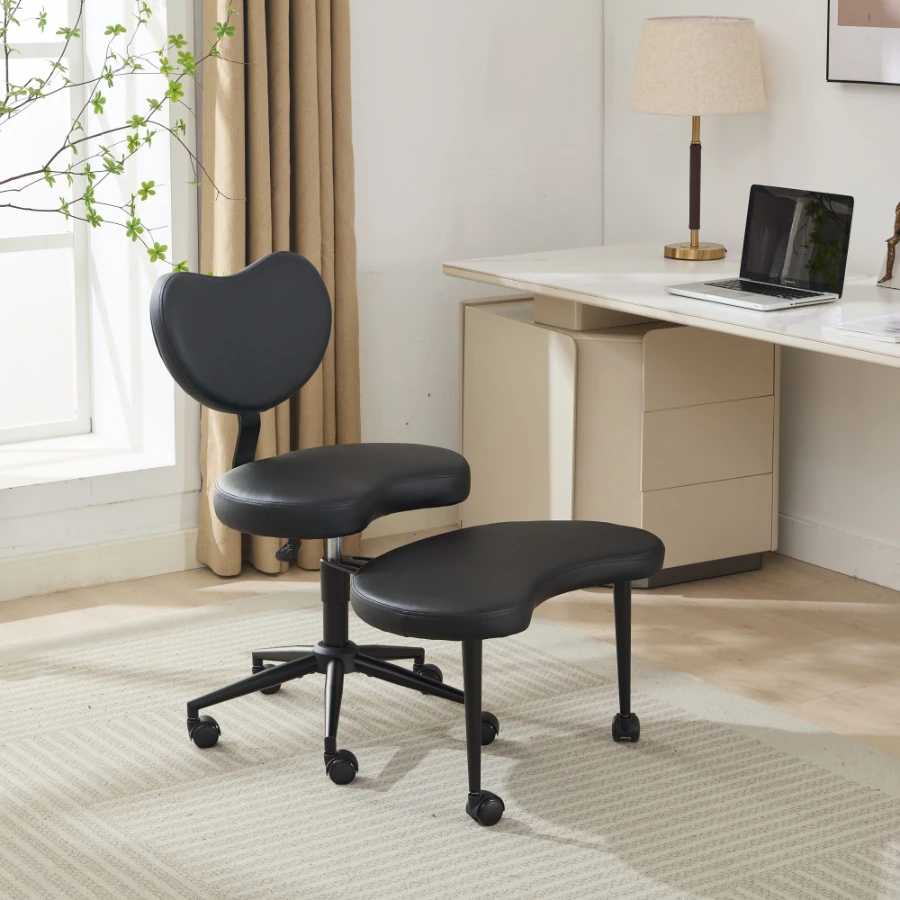Chaise de méditation ergonomique avec roulettes, chaise croisée pour TDAH, support lombaire réglable, tabouret élastique, design élastique, PU noir DE1887BK