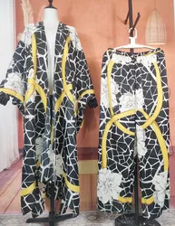 Elegant Printed Women's Two Pieces Set Plus Size Bohemian African Bohemian Kimonos +Pants For Muslim Summer Holiday Kaftan