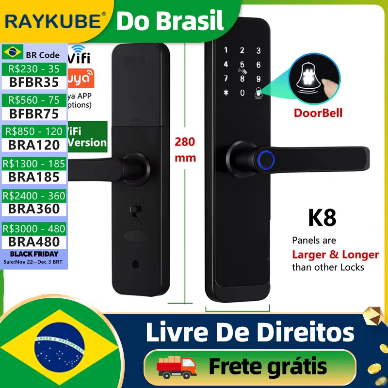 RAYKUBE K8 Free Delivery From Brazil Free Tax Tuya Wifi Smart Door Lock Fingerprint Lock With Longer Larger Handle Panel