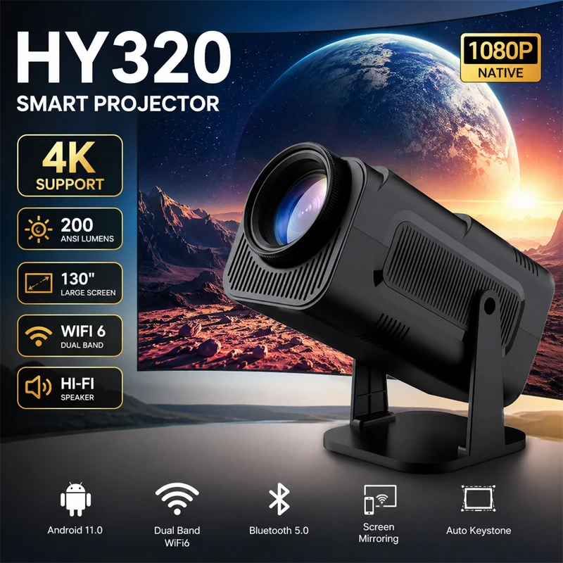 New HY320 Projector | 4K Android 11 Projector Native 720P 290 ANSI Lumens Dual Wi-Fi 6 BT 5.0 1920*720P Cinema Portable Proje
